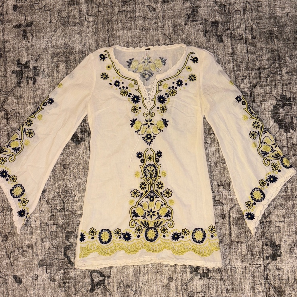 Free People Embroidered Cream Top with Floral Accents